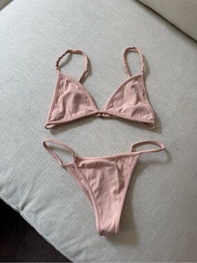 Ribbed Triangle Bikini Set in Dusty Pink